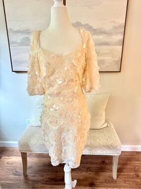 Llacie Fanco Cream Sequin Short Sleeve Mini Dress Size Small